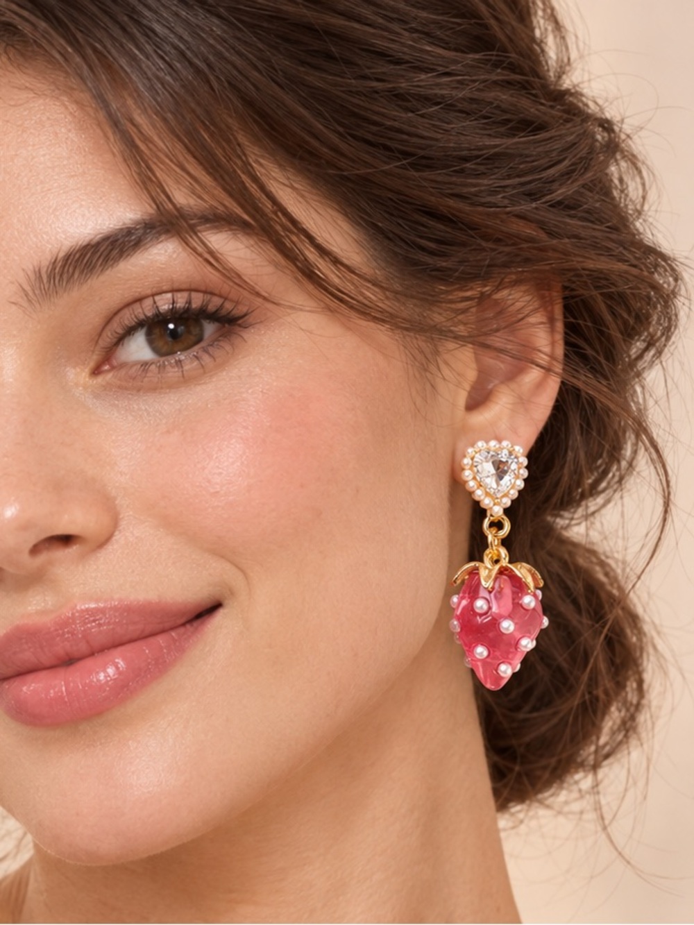 Gold Pink Cute Strawberry Drop Earrings with Pearl Accents